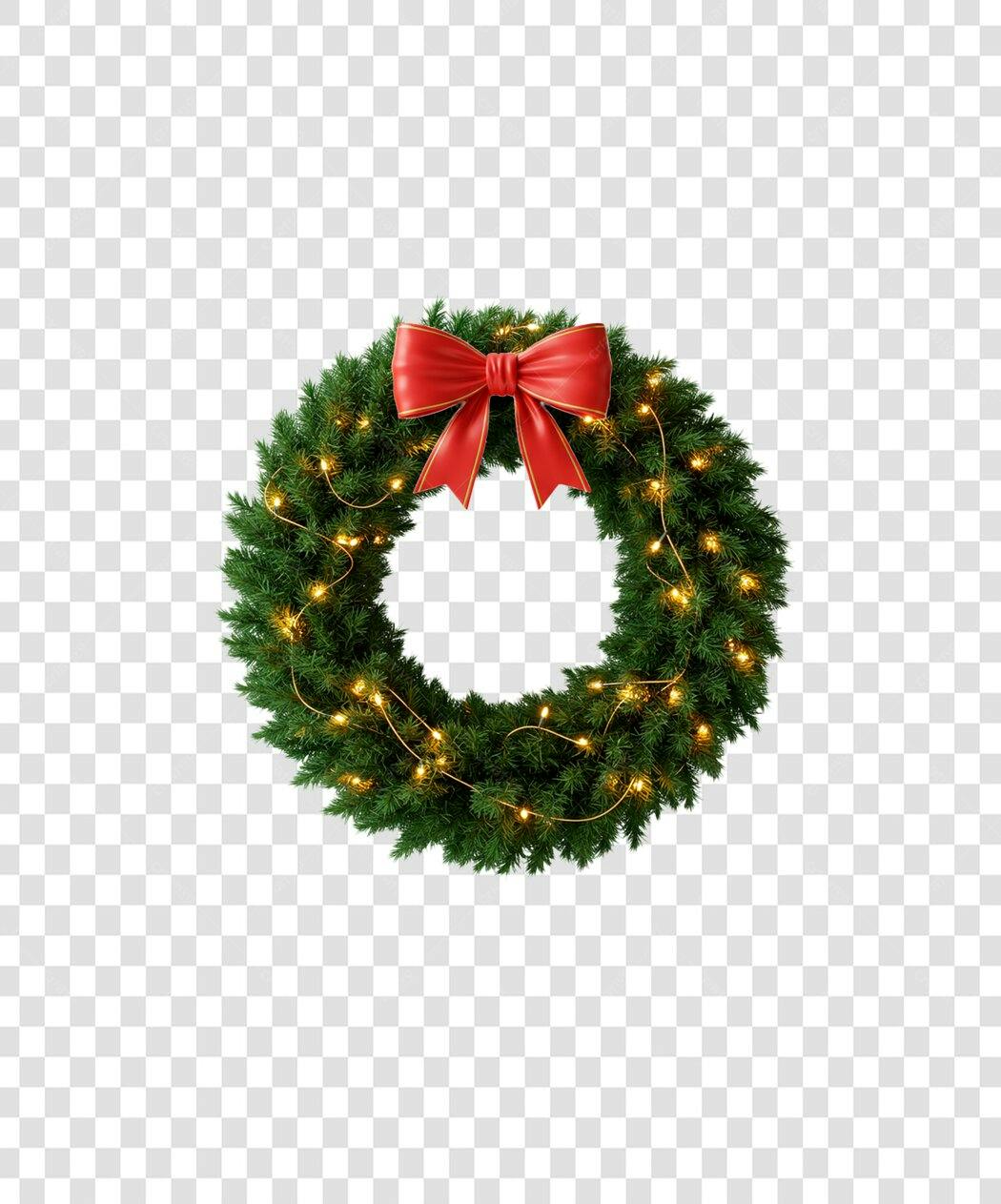 Guirlanda de Natal com Laço Vermelho e Luzes Douradas PNG com fundo transparente