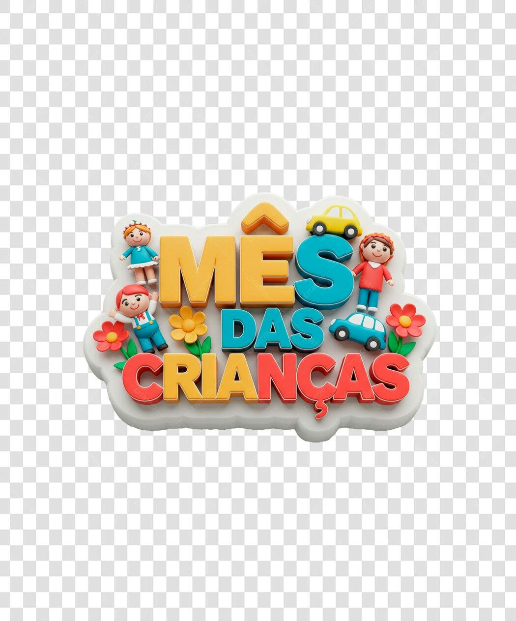 Selo decorativo Mês das Crianças Outubro crianças bonecos carros flores 3D PNG com fundo transparente