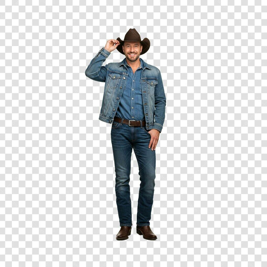 Homem Cowboy sorrindo com chapéu marrom e jaqueta jeans PNG com fundo transparente
