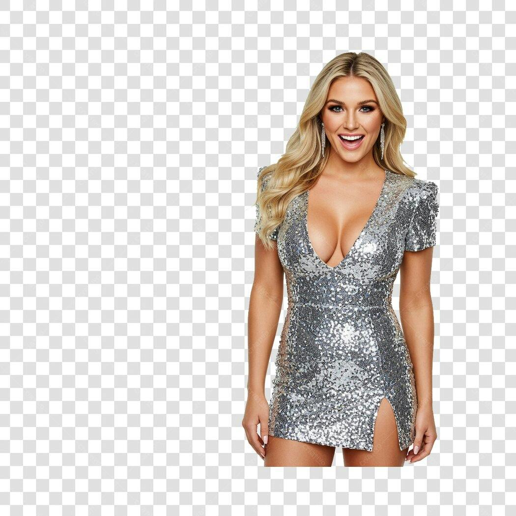 Mulher Glamorosa Loira em Vestido Prateado de Lantejoulas PNG com fundo transparente