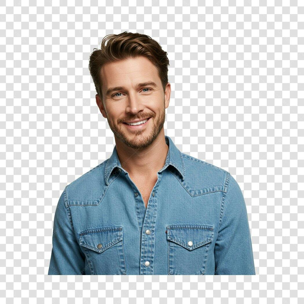 Foto de Perfil Homem Jovem Caucasiano Sorrindo Camisa Jeans Azul PNG com fundo transparente