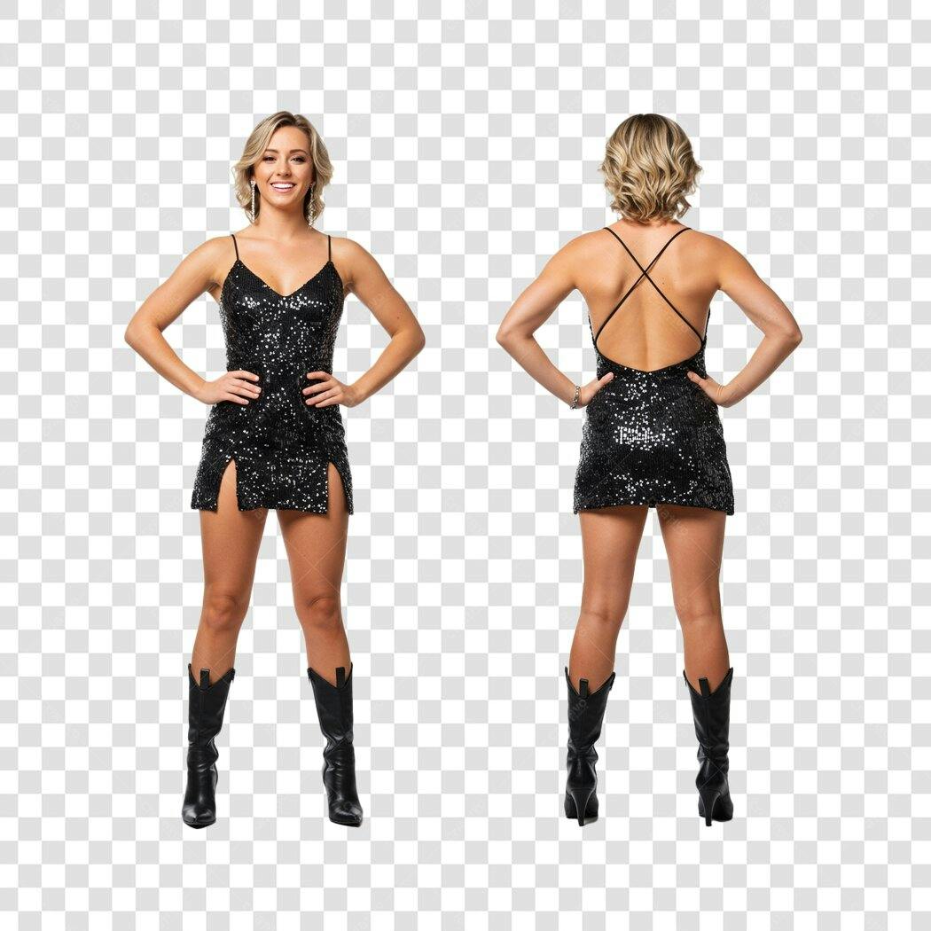 Modelo de Moda Mulher loira vestido lantejoulas preto festa PNG com fundo transparente