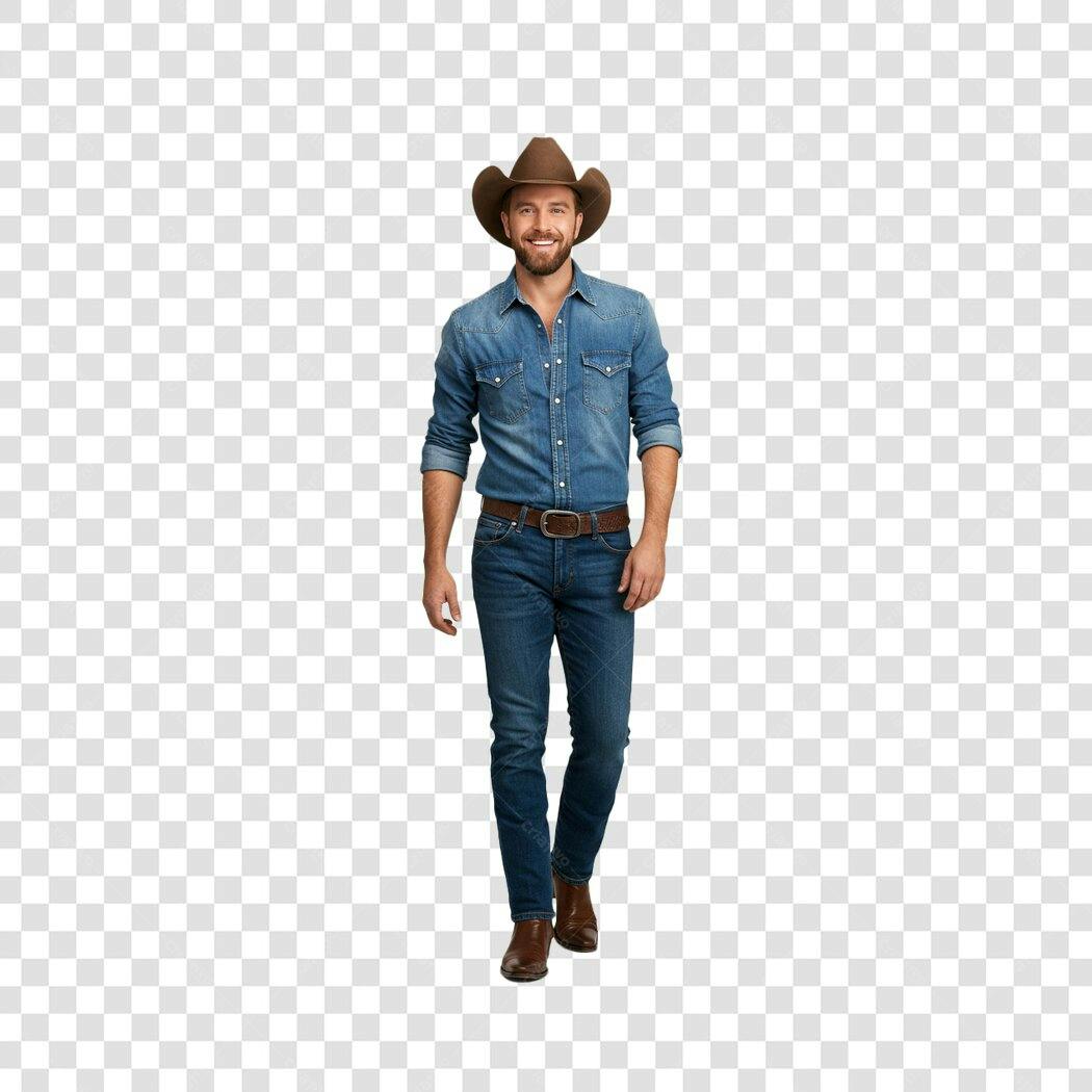 Homem Cowboy sorrindo andando com chapéu marrom PNG com fundo transparente