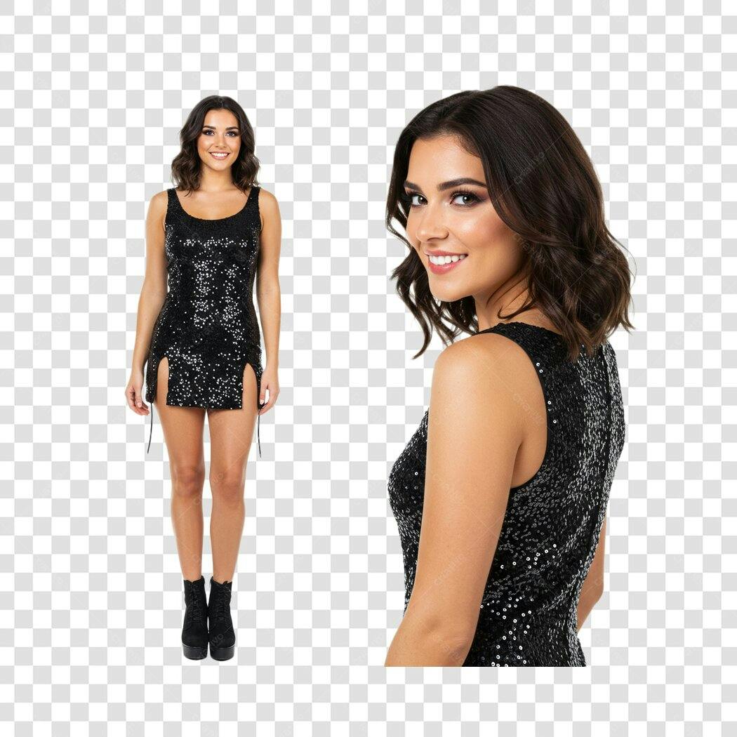 Imagem de Mulher Jovem Latina com Vestido Preto de Lantejoulas para Festa PNG com fundo transparente