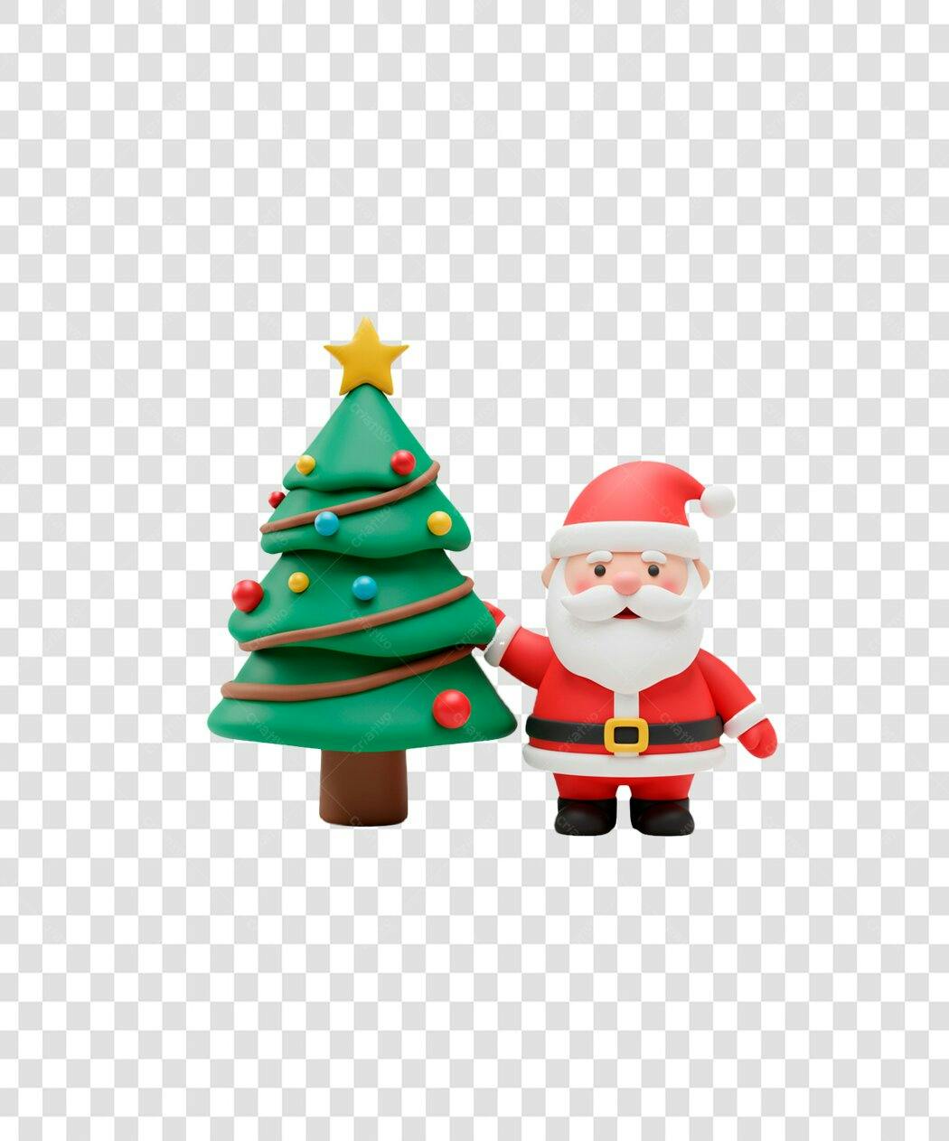 Ilustração 3D Papai Noel e Árvore de Natal com Enfeites Natalinos PNG com fundo transparente