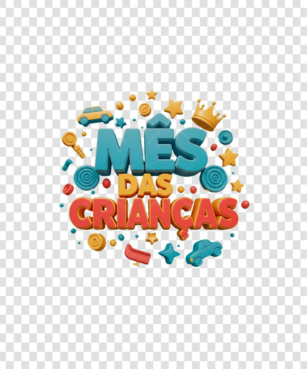 Post Instagram Mês das Crianças Outubro com brinquedos variados colorido PNG com fundo transparente