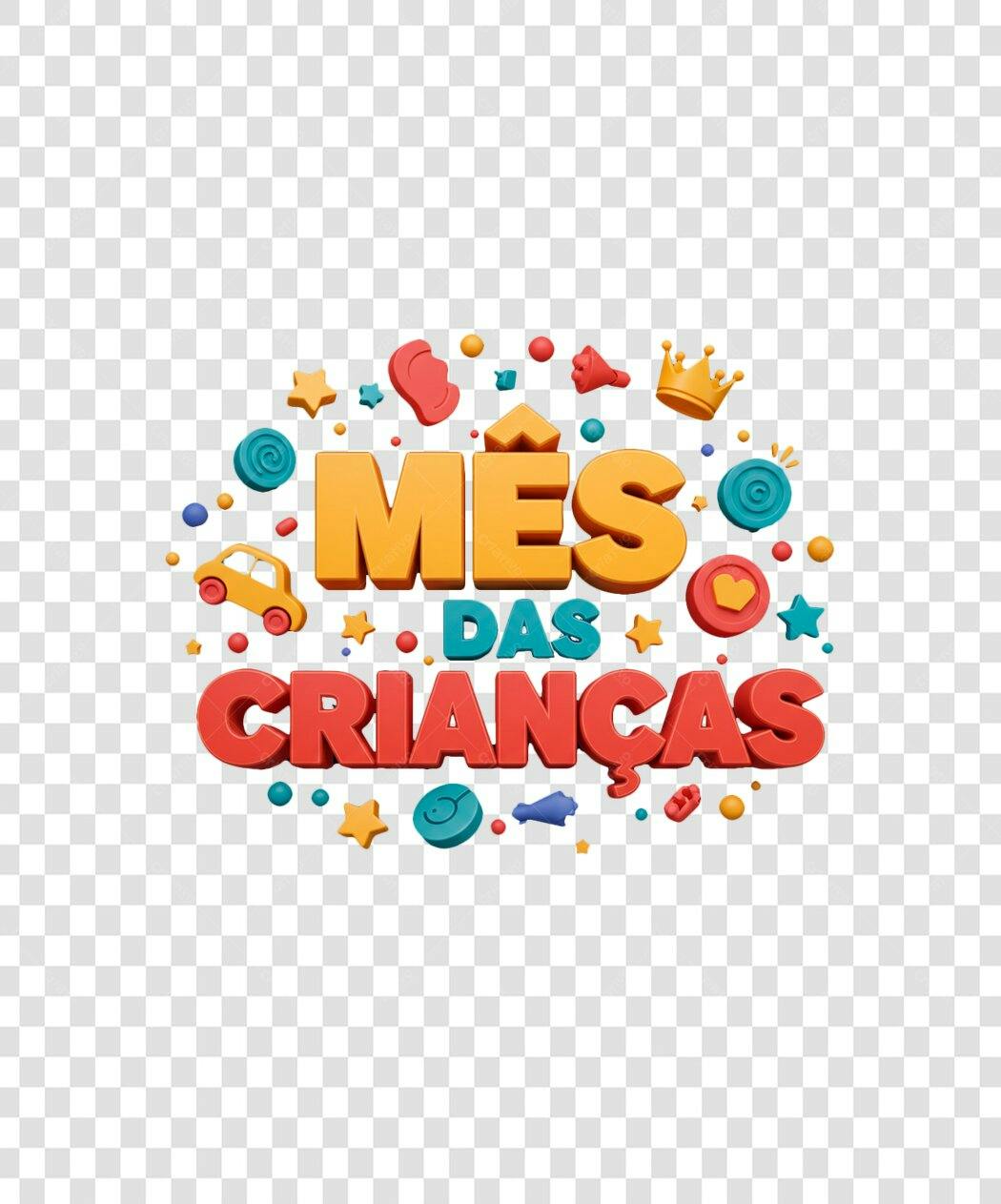 Ilustração 3D Mês das Crianças Laranja Vermelho Azul PNG com Fundo Transparente