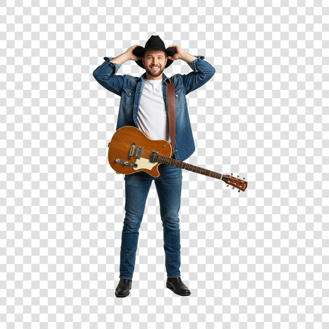 Foto Músico Country Homem Sorridente Guitarra Chapéu Cowboy PNG fundo transparente