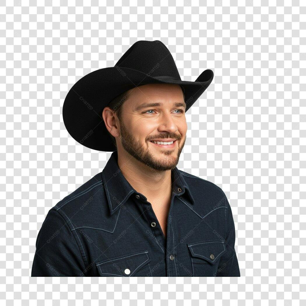 Imagem Homem Caucasiano Barba Chapéu Cowboy Camisa Jeans PNG com fundo transparente