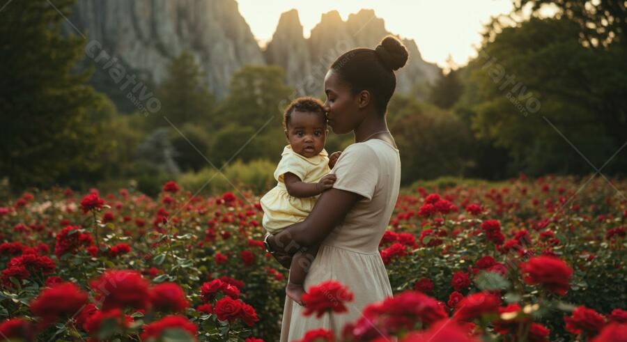 Mãe afro-americana beijando bebê em campo de rosas ao pôr do sol dourado