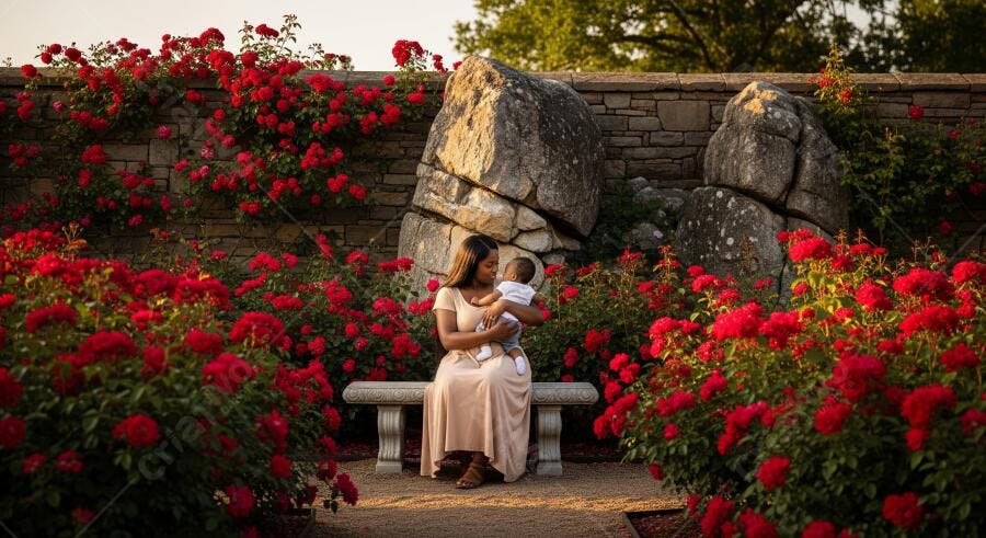 Mãe negra com bebê em jardim de rosas vermelhas ao pôr do sol