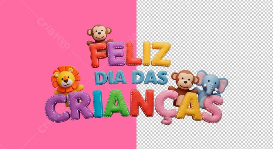 Elemento Gráfico Feliz Dia das Crianças com Bichos de Pelúcia PSD Editável
