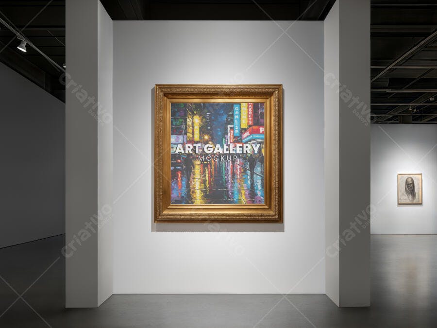 Mockup Realista de Quadro em Galeria de Arte Moderna com Moldura Dourada e Iluminação Focada