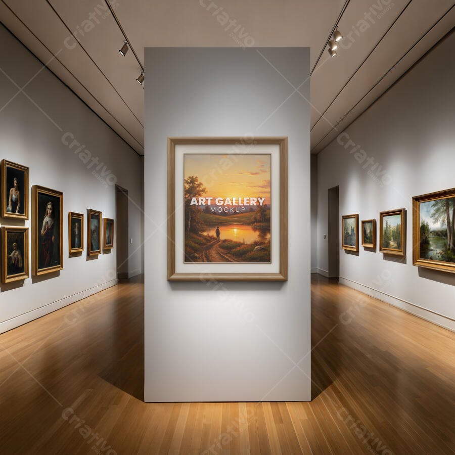 Mockup Realista de Quadro em Galeria de Arte com Piso de Madeira e Iluminação Spot
