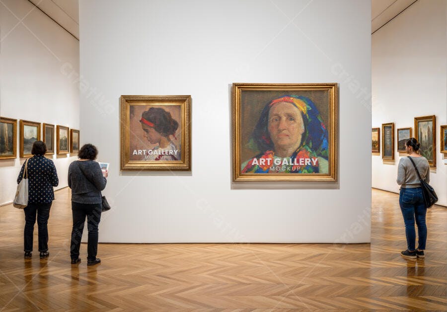Mockup Realista Galeria de Arte com Quadros Dourados e Visitantes em Exposição Elegante