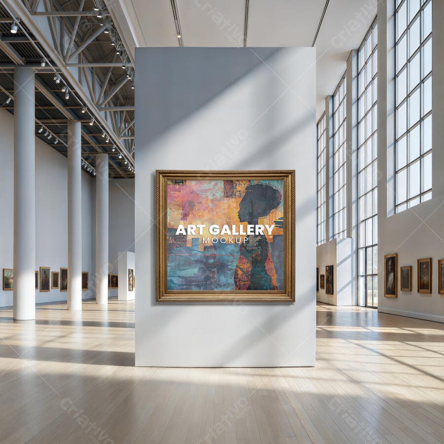 Mockup Realista Obra de Arte em Galeria Moderna com Moldura Dourada e Iluminação Natural