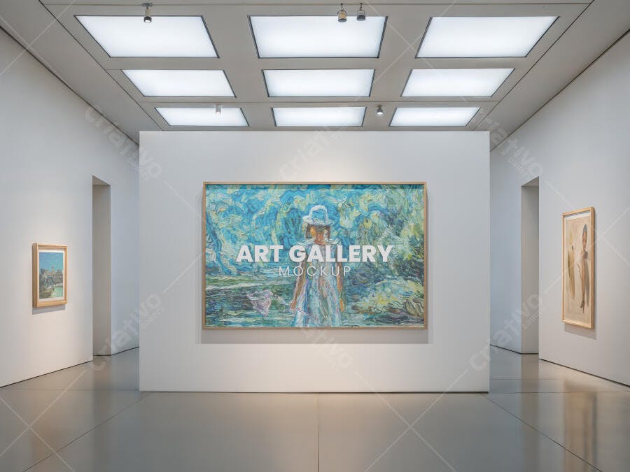 Mockup Galeria de Arte Branca Minimalista com Molduras de Madeira Claras e Iluminação Moderna