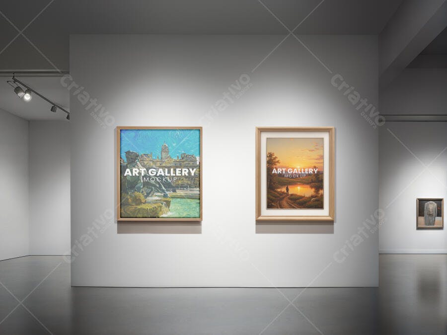 Mockup Realista de Galeria de Arte com Quadros Modernos e Iluminação Profissional