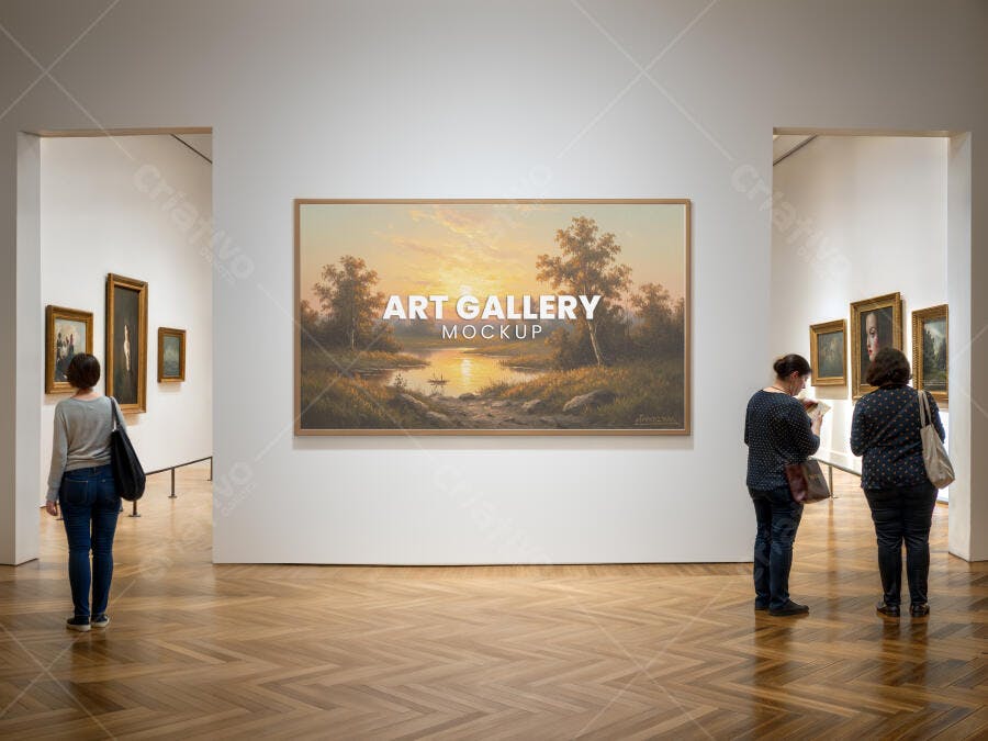 Mockup Realista de Quadro em Galeria de Arte Moderna com Visitantes