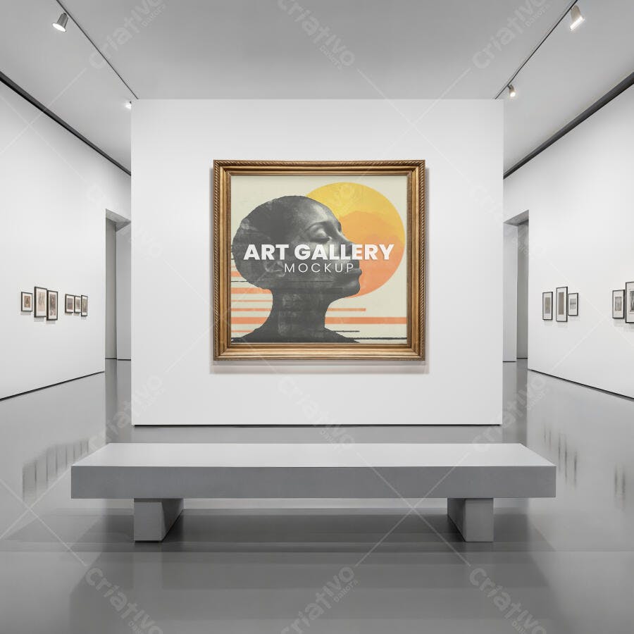 Mockup de Quadro com Moldura Dourada em Galeria de Arte Moderna e Minimalista
