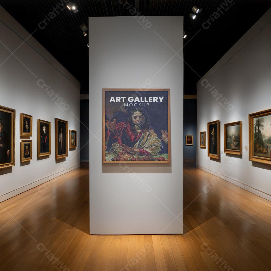 Mockup Expositor de Galeria de Arte com Quadro em Museu Moderno e Minimalista