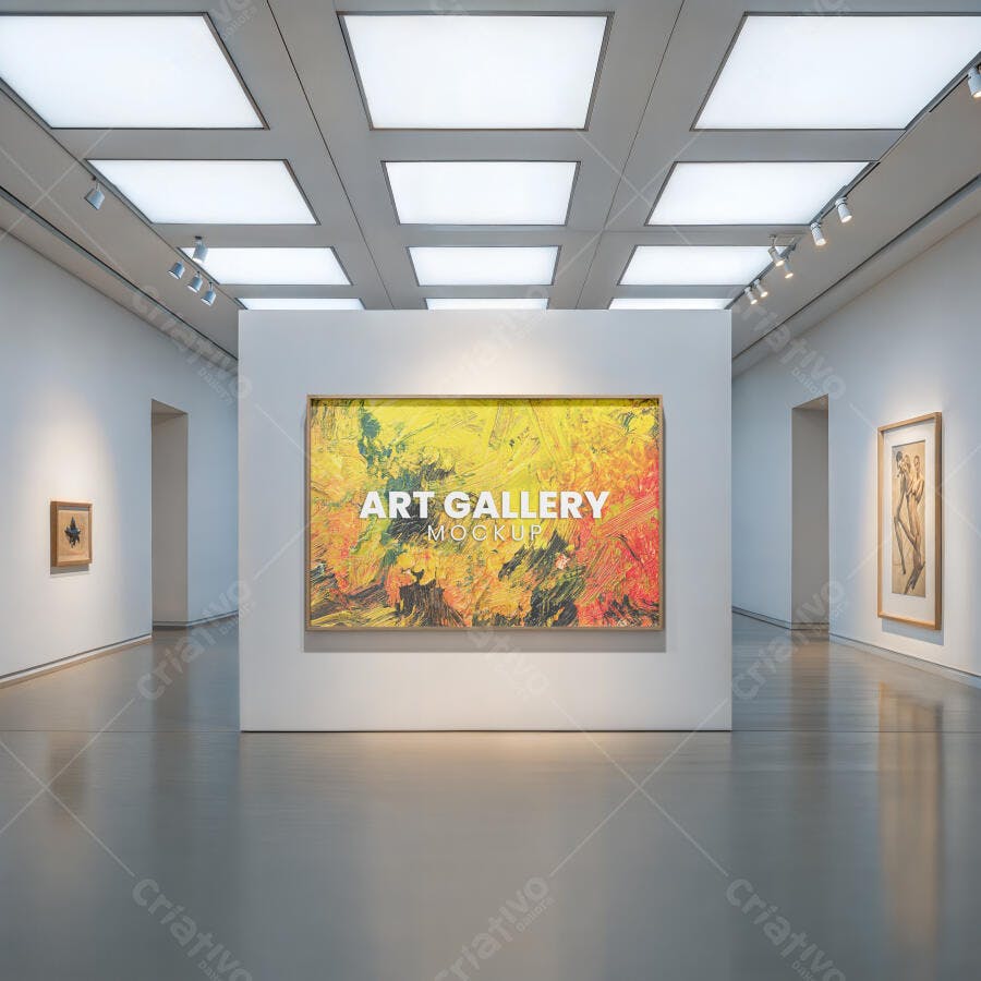 Mockup de Quadro em Galeria de Arte Moderna Minimalista com Iluminação Brilhante