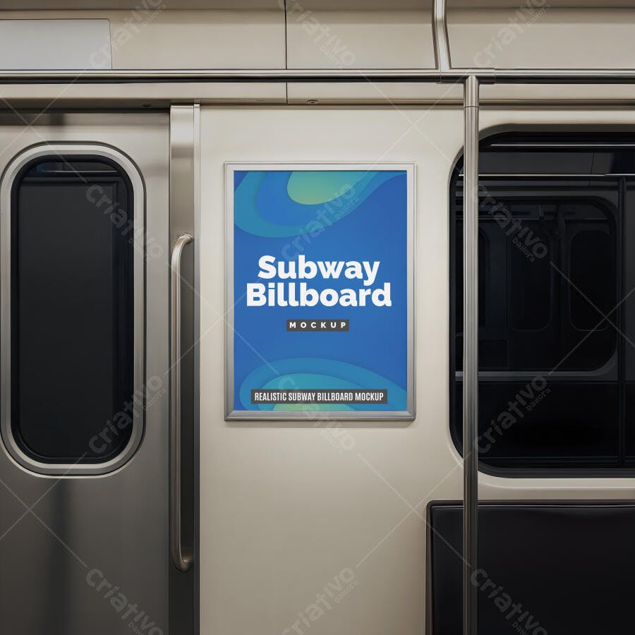 Mockup de Outdoor de Metrô Realista em Vagão Urbano com Moldura Prata