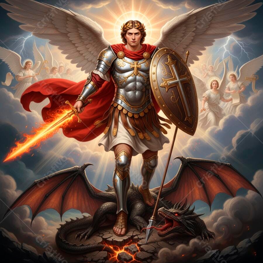 Arcanjo Miguel vencendo dragão com espada flamejante no céu épico e divino