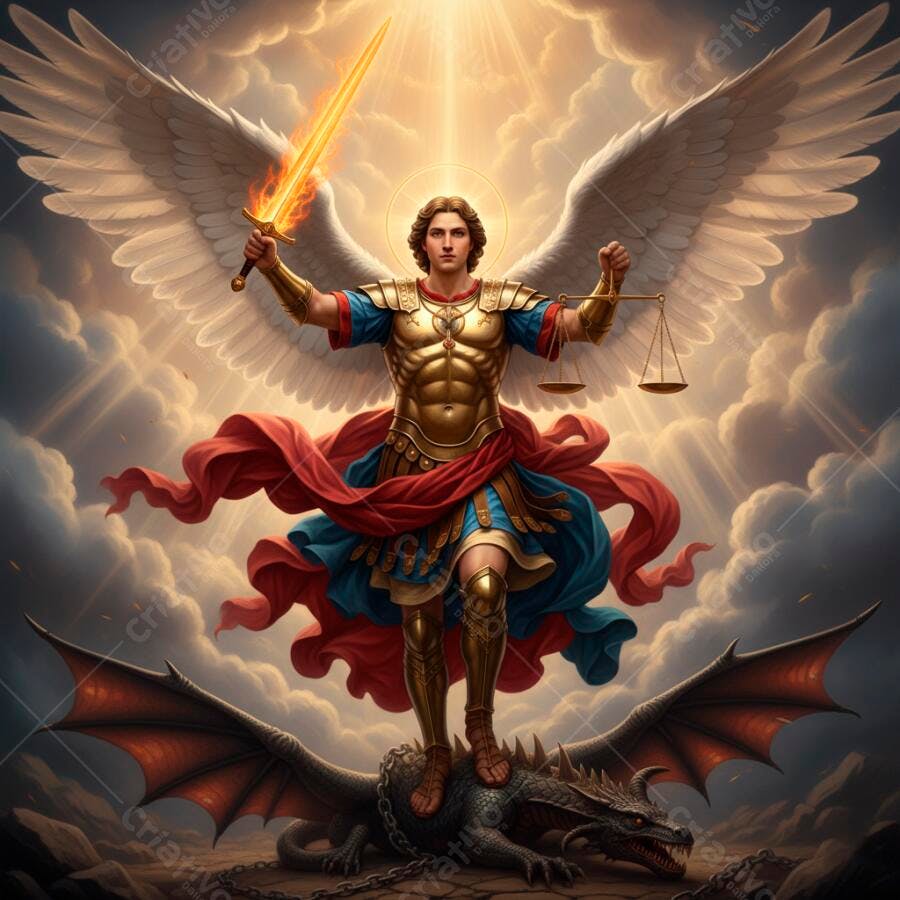 Arcanjo Miguel guerreiro com espada e balança sobre dragão em nuvens douradas