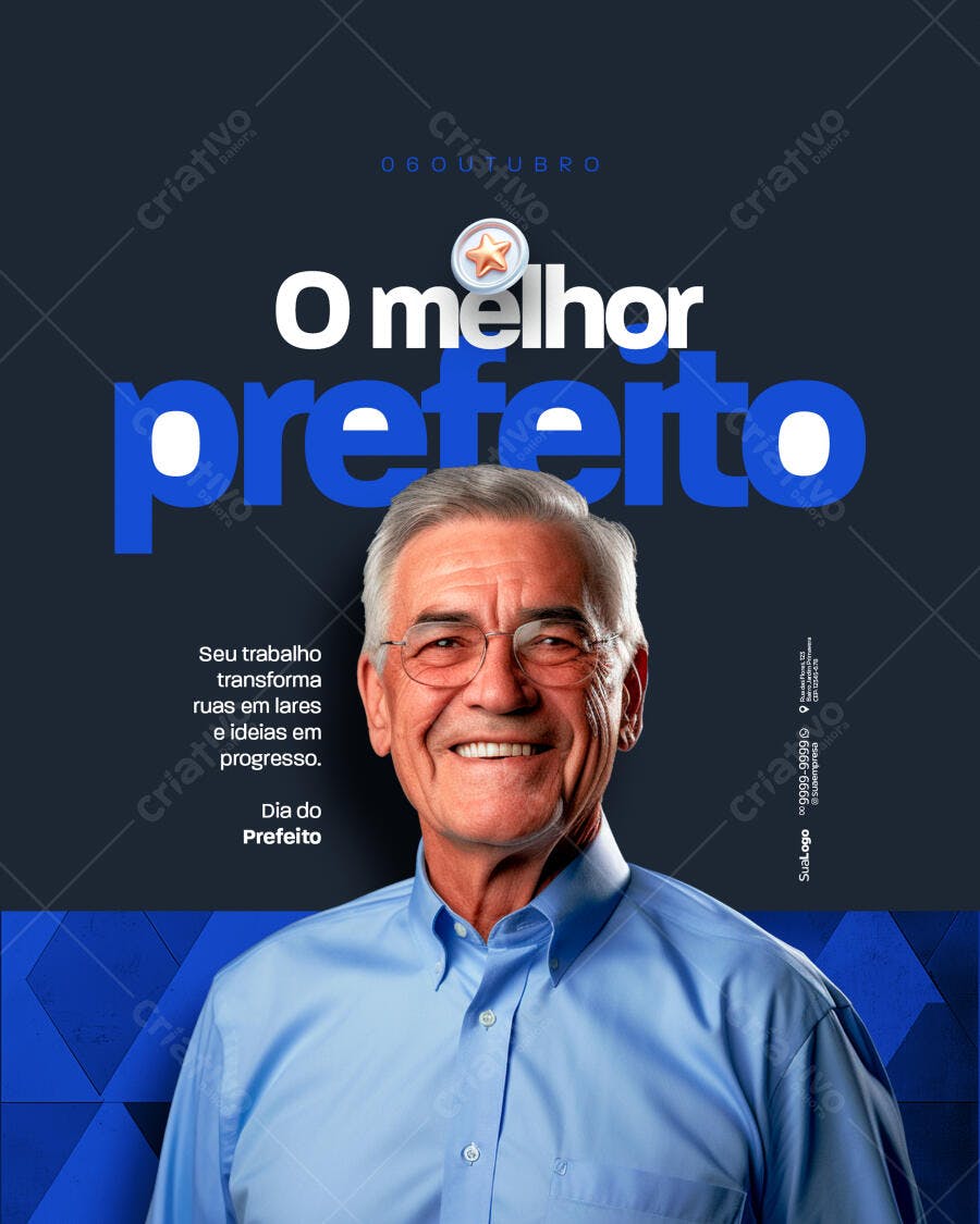 Flyer Dia do Prefeito Homem Sorrindo 06 Outubro PSD Editável