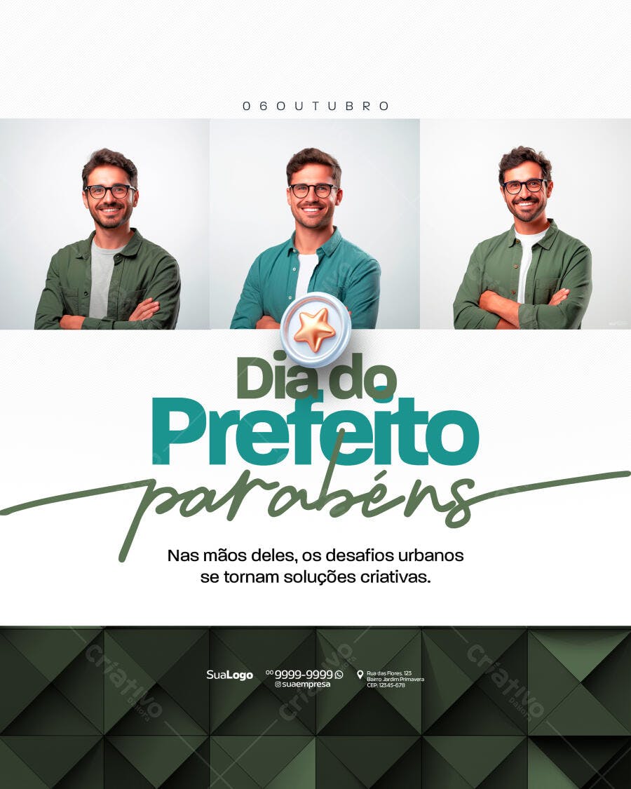 Flyer Dia do Prefeito 06 Outubro Homem Sorridente Medalha Estrela PSD Editável