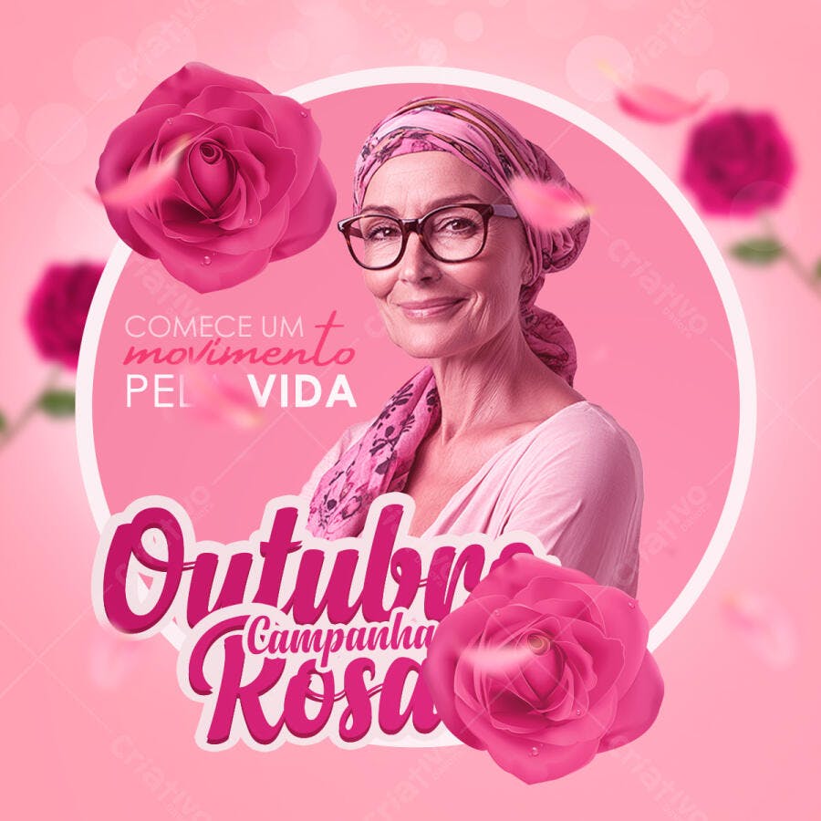Flyer para Outubro Rosa com Mulher de Lenço e Rosas Pink PSD Editável