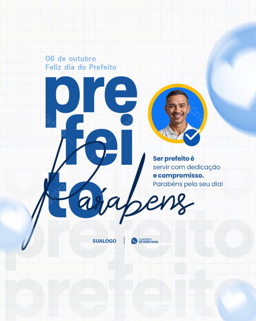 Flyer para Dia do Prefeito com Homem Sorrindo Azul e Amarelo PSD Editável