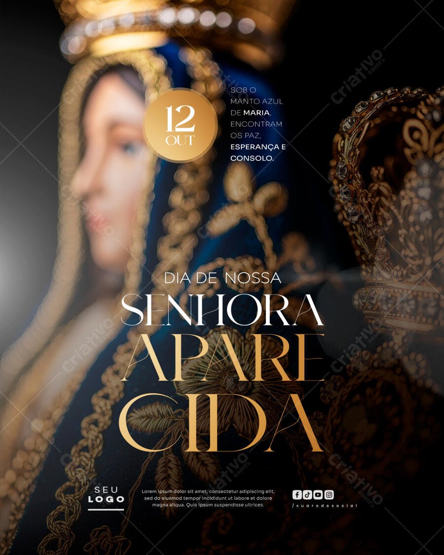 Flyer Dia de Nossa Senhora Aparecida Manto Azul Dourado PSD Editável