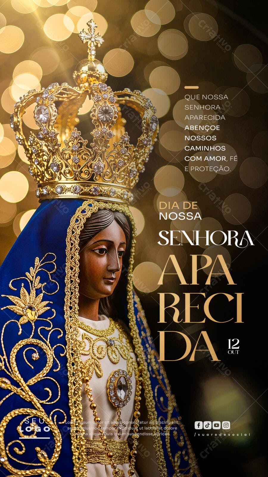 Post Devocional Dia de Nossa Senhora Aparecida Ouro Azul PSD Editável