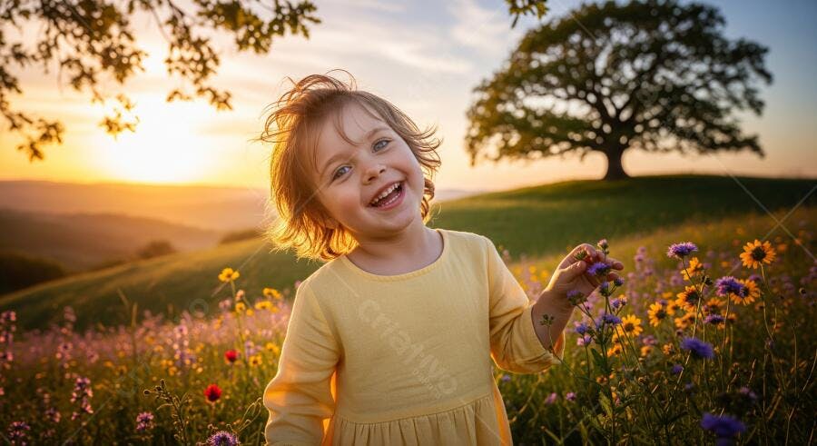 Criança feliz sorrindo em campo de flores ao pôr do sol amarelo e laranja