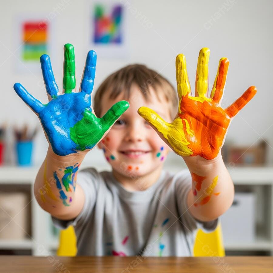 Menino feliz com mãos pintadas de azul verde amarelo laranja em aula de arte