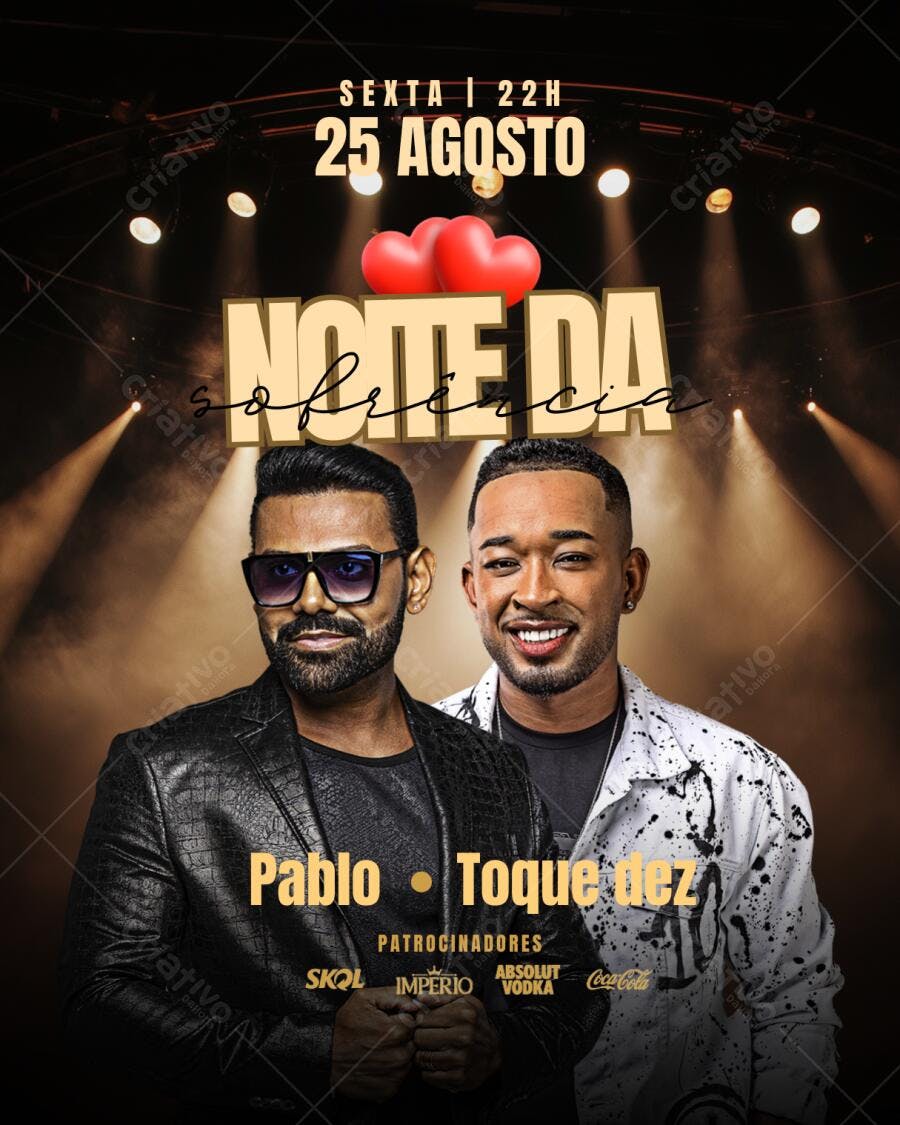 Flyer de show Noite da Sofrência Pablo Toque Dez preto e dourado Editável no Canva