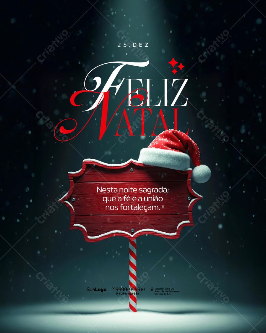 Flyer Feliz Natal Gorro Papai Noel Fundo Neve PSD Editável