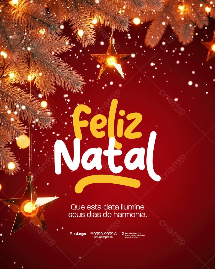 Flyer Feliz Natal com Estrelas Douradas e Luzes PSD Editável