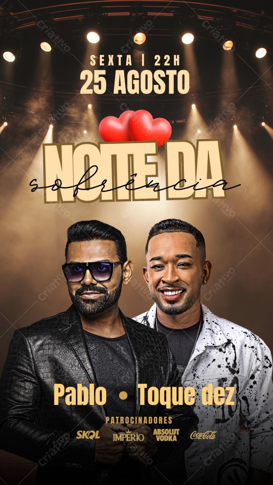 Flyer show Noite da Sofrência com cantores Pablo Toque Dez Editável no Canva