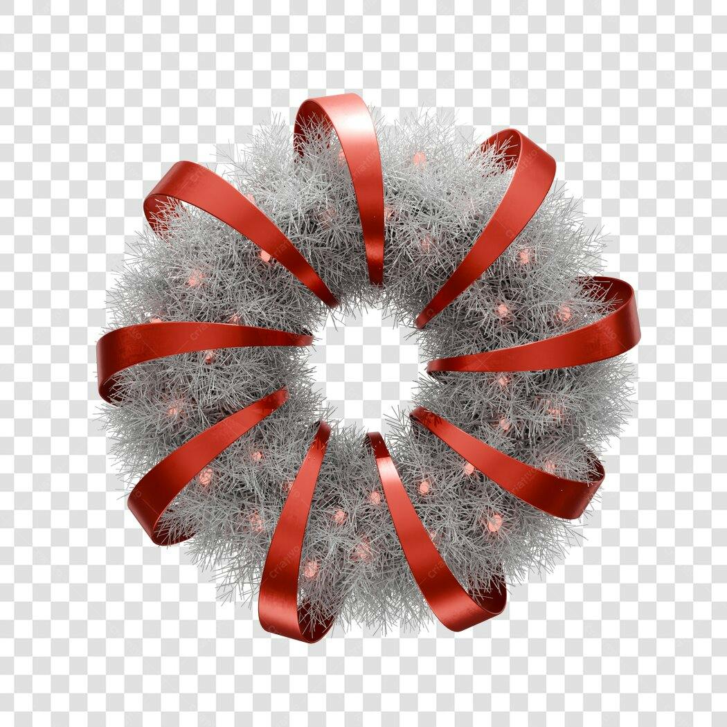 Decoração Natalina Guirlanda Prateada Fita Vermelha PNG com fundo transparente