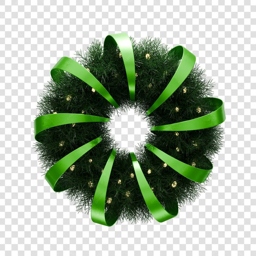 Decoração Natalina Guirlanda de Natal com fita verde e luzes douradas PNG com fundo transparente
