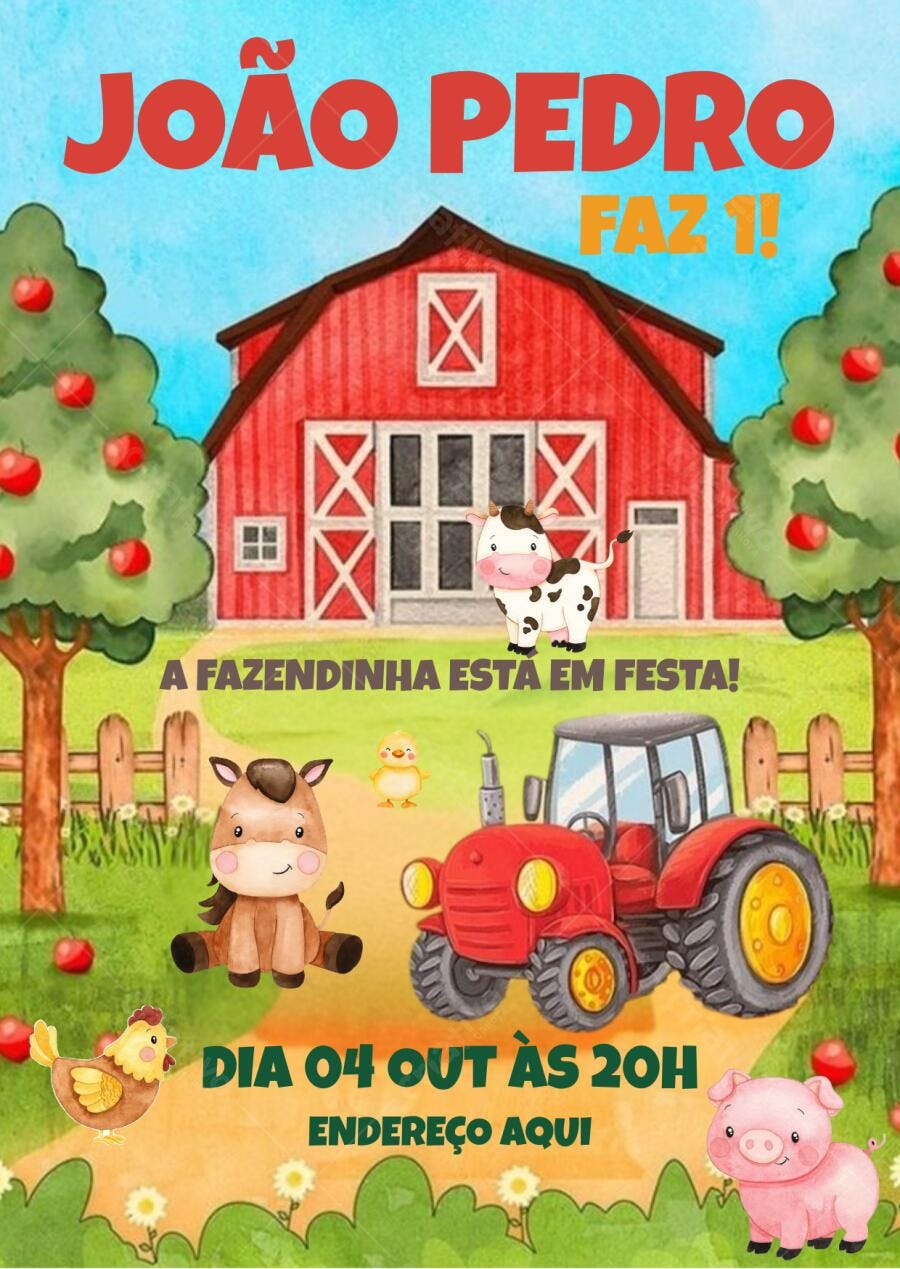 Convite de aniversário infantil Fazendinha com animais e trator vermelho Editável no Canva