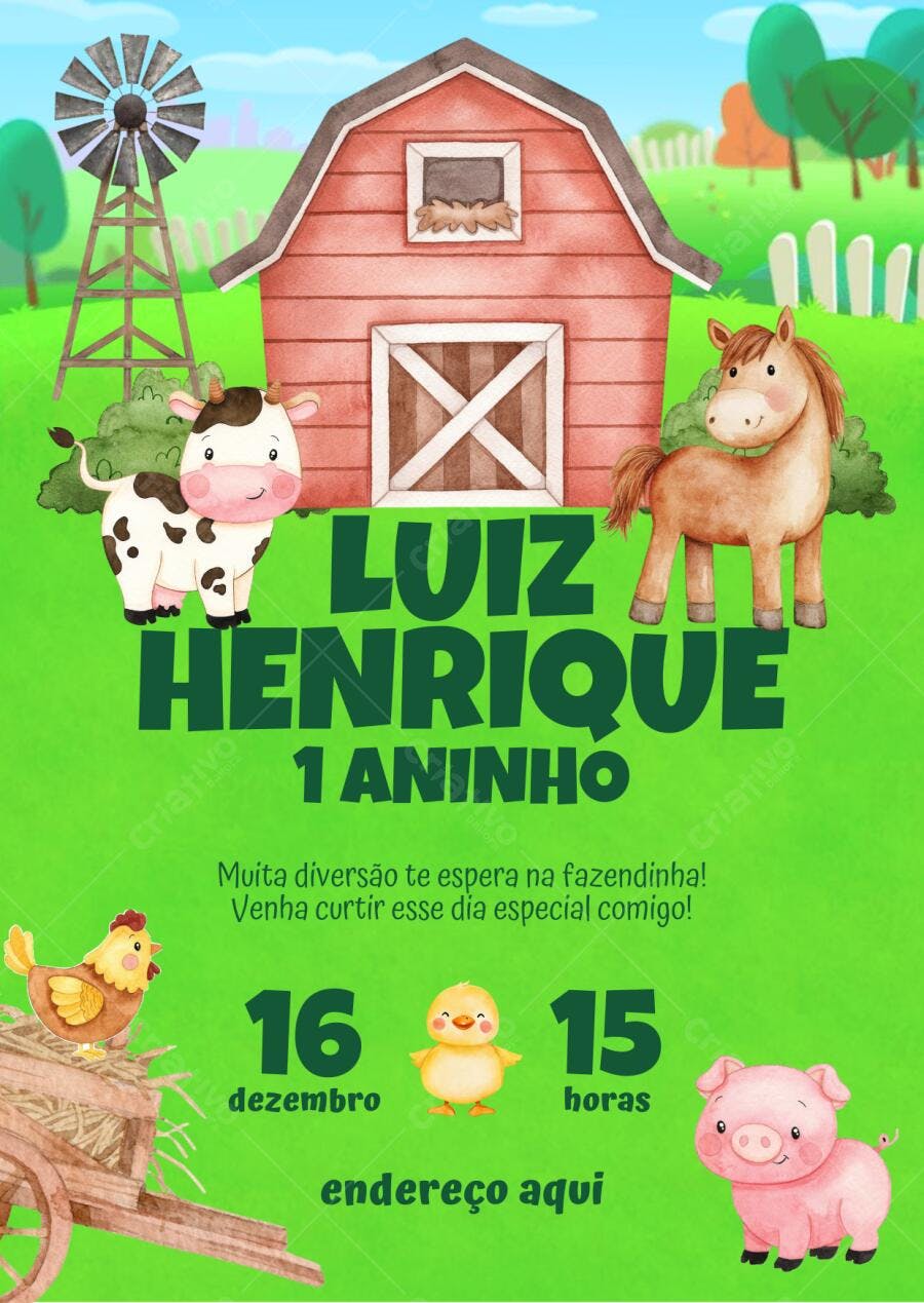 Convite de aniversário infantil fazendinha com celeiro e animais fofos Editável no Canva