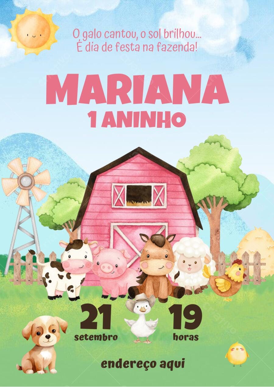 Convite de aniversário Fazendinha Rosa com animais fofos e celeiro Editável no Canva