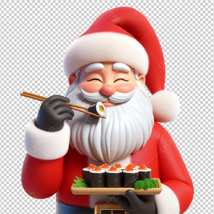 Papai Noel Fofo Comendo Rodízio de Suhi Personagem em 3D para Temakeria