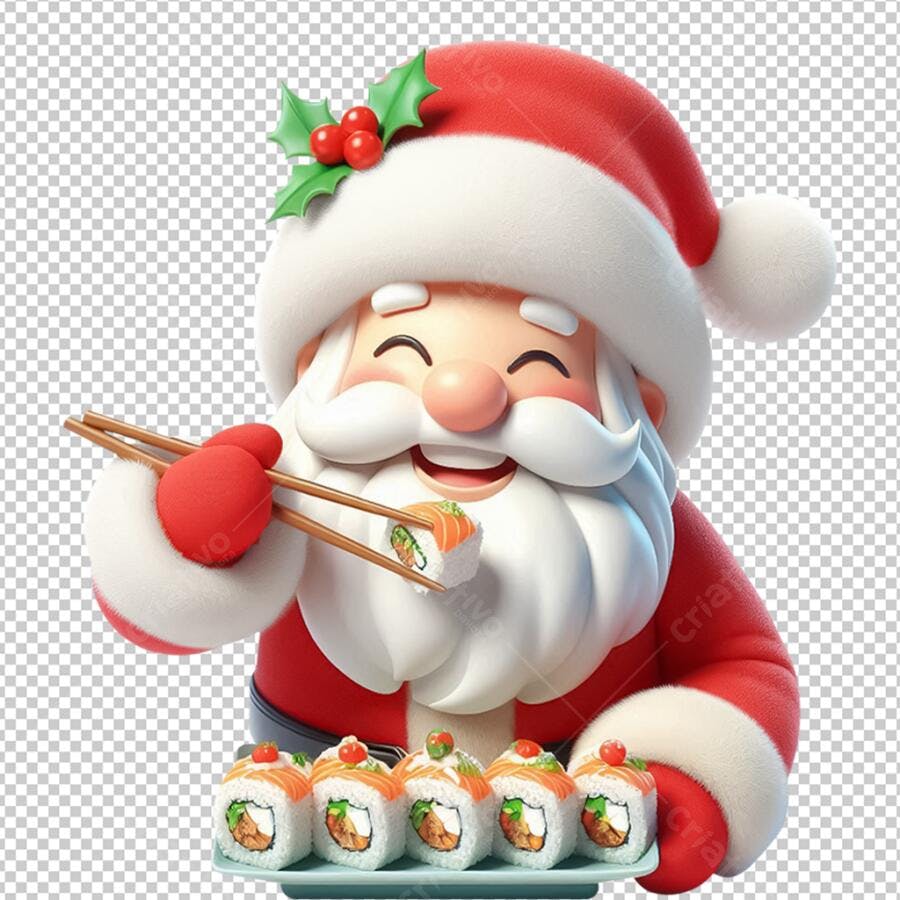 Personagem Papai Noel em Estilo Pixar Comendo Sushi Elemento para Temakeria em 3D