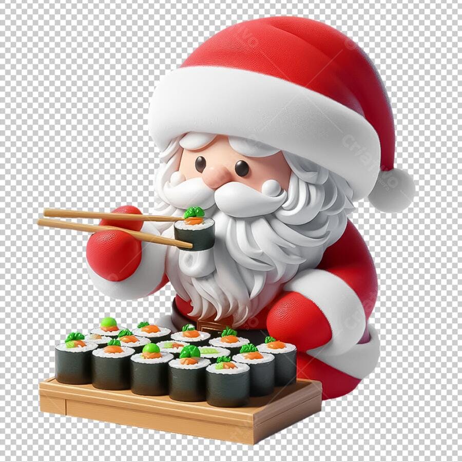 Papai Noel Fofo Comendo Sushi no Natal