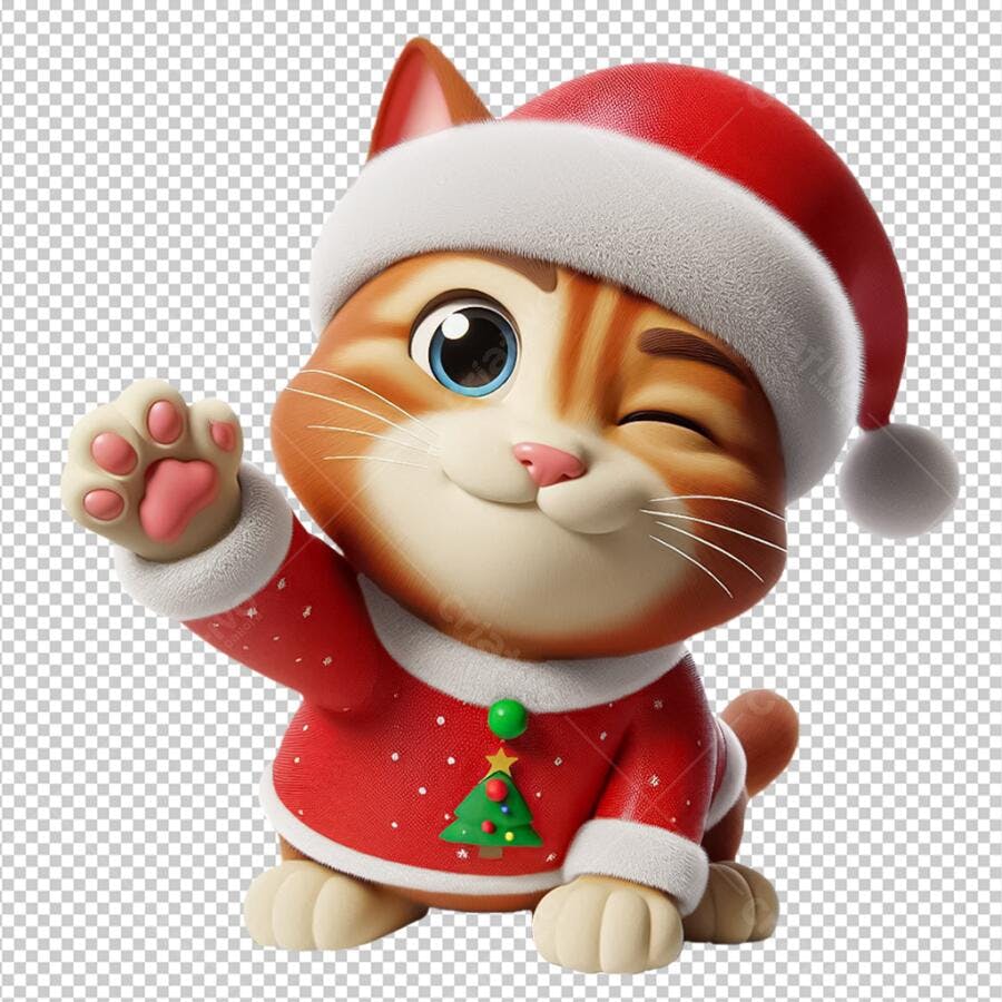 Gato Fofo Estilo Pixar Vestindo Roupas de Natal Personagem Renderizado em 3D para Petshop